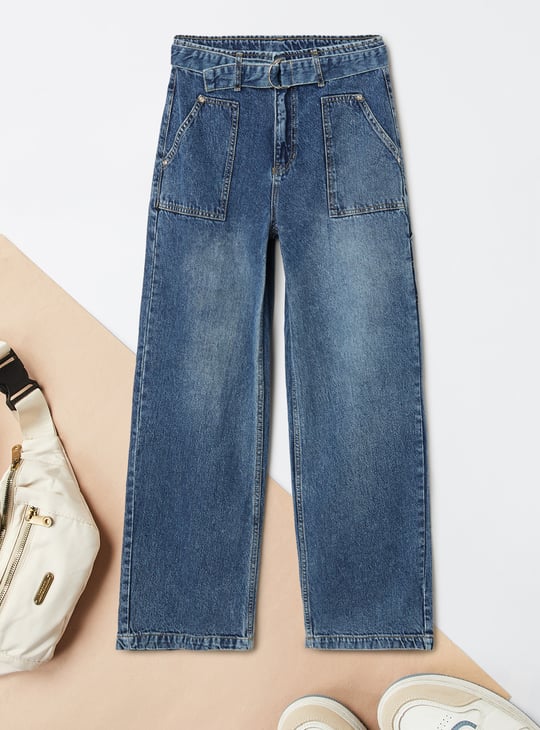 Girls Washed Belted Slim Fit Jeans
