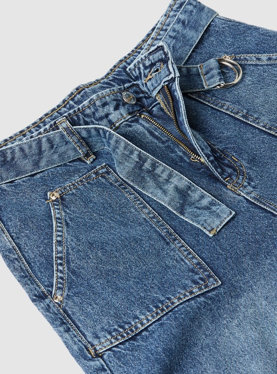 Girls Washed Belted Slim Fit Jeans