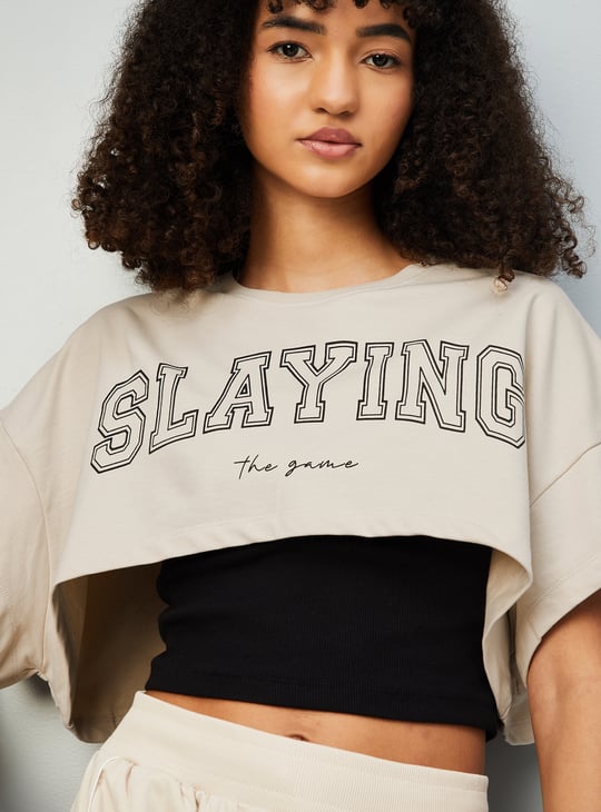 Women Striped Sports Crop Top with Camisole