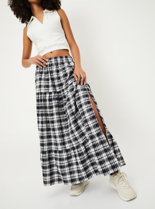 ★24-25FW新作★BINARY01★Kiyan Checkered Long Skirt Buy ALAYA F x URB_N Women Checked Slit Tiered Skirt Online