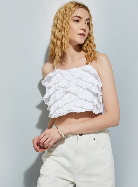 URB_N Women Schiffli Ruffled Crop Top