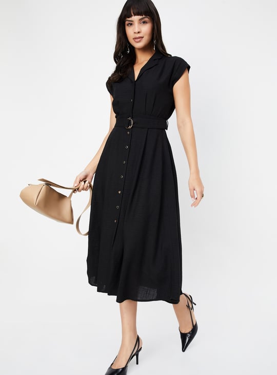 Women Solid A-line Belted Dress