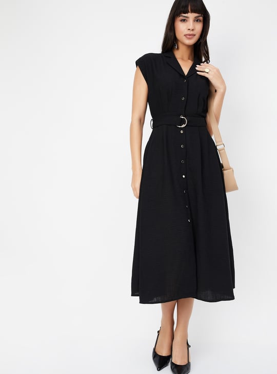 Women Solid A-line Belted Dress