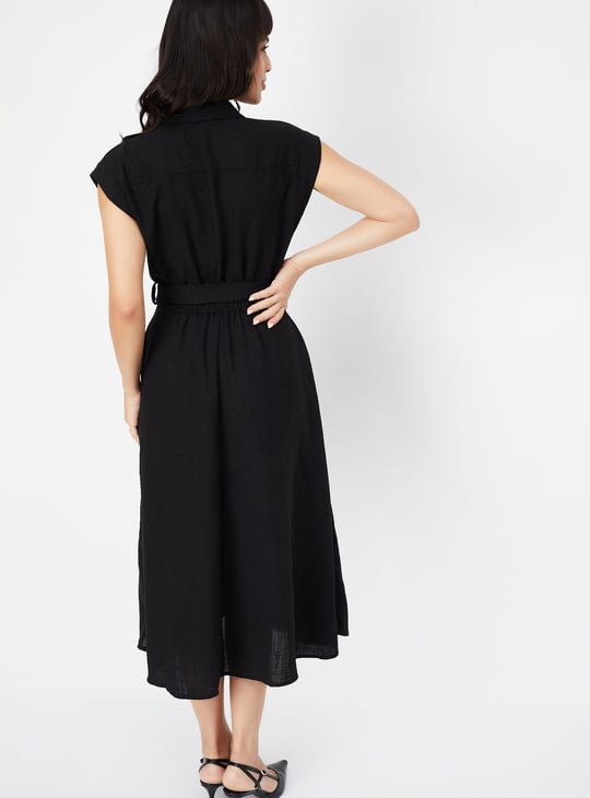 Women Solid A-line Belted Dress