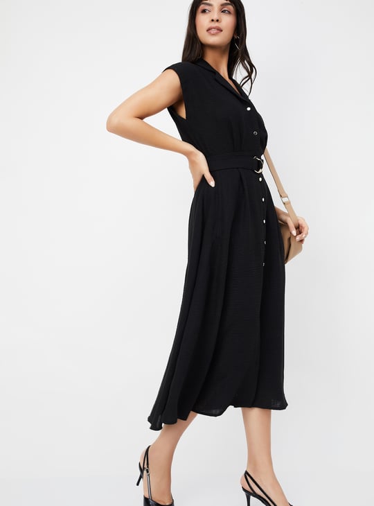 Women Solid A-line Belted Dress