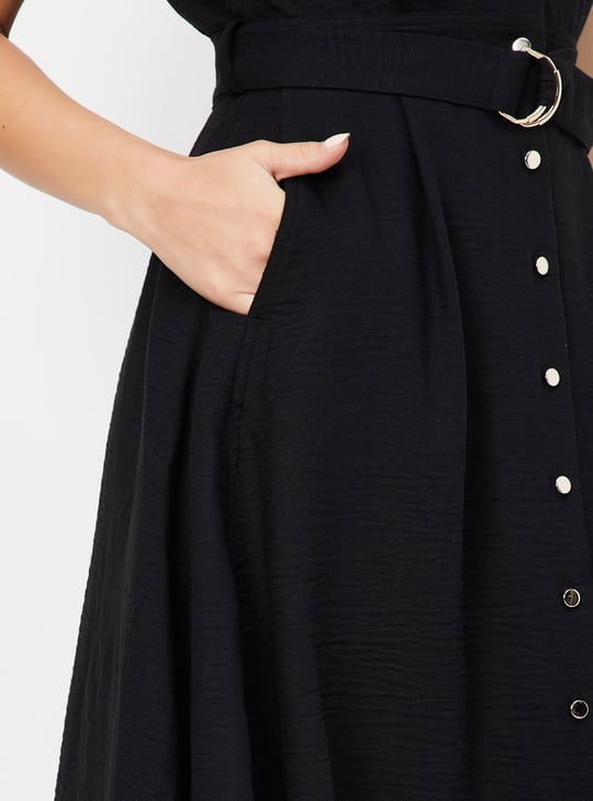 Women Solid A-line Belted Dress