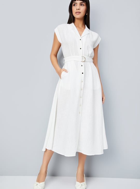 Women Solid A-line Belted Dress