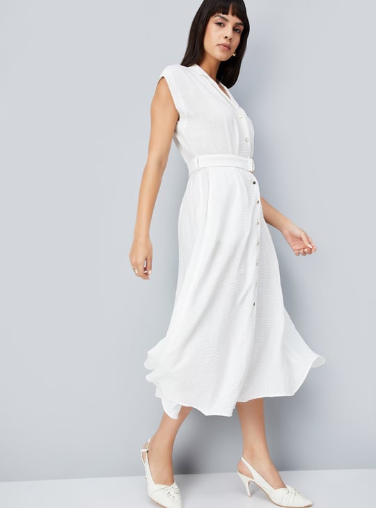 Women Solid A-line Belted Dress