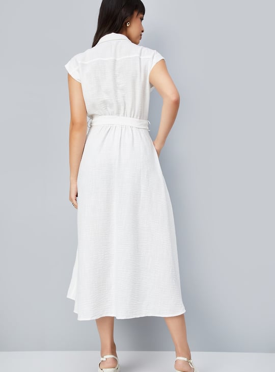 Women Solid A-line Belted Dress