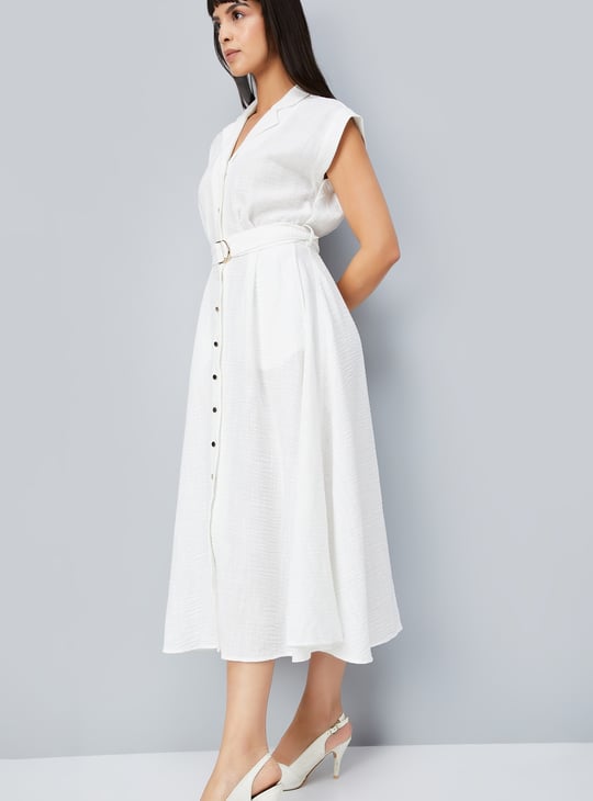 Women Solid A-line Belted Dress
