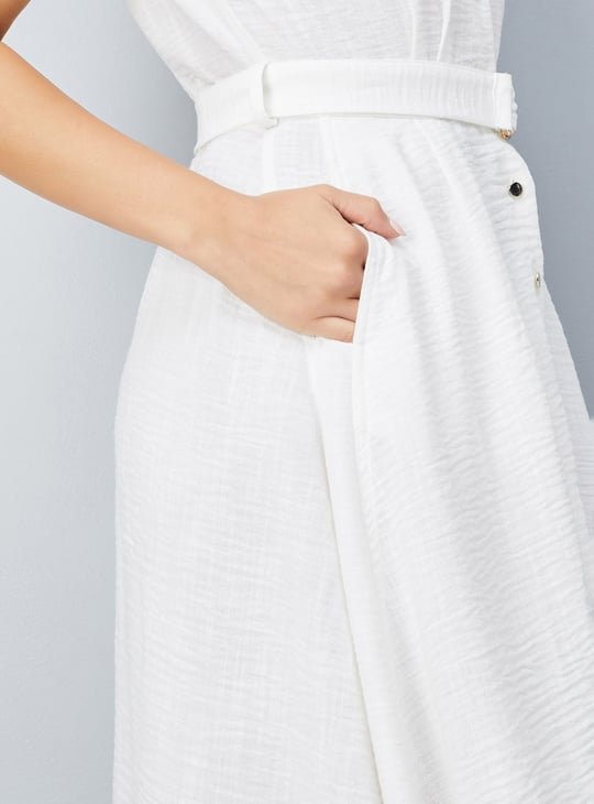 Women Solid A-line Belted Dress