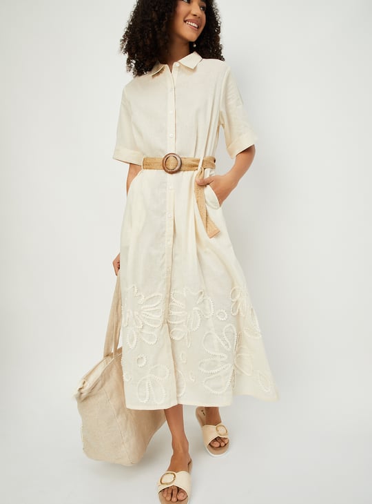 Women Embroidered Belted Shirt Dress | Off White