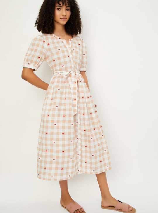 Women Checked A-line Belted Dress