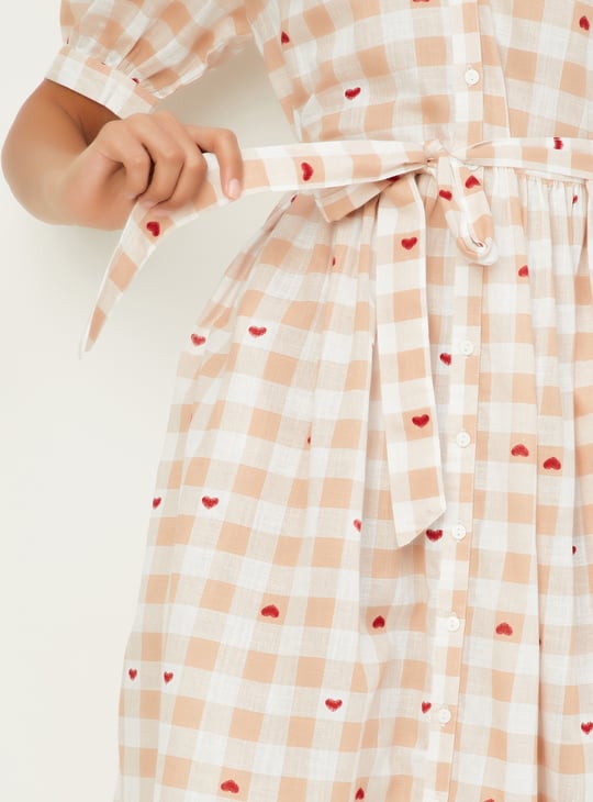 Women Checked A-line Belted Dress