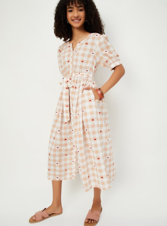 Women Checked A-line Belted Dress | Beige | Checked