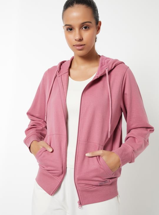 Women Solid Hooded Sports Jacket Pink Solid