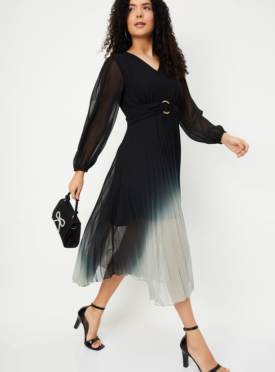 Women Ombre Pleated Midi Dress
