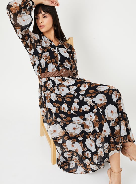 Women Floral Print Midi Dress with Belt
