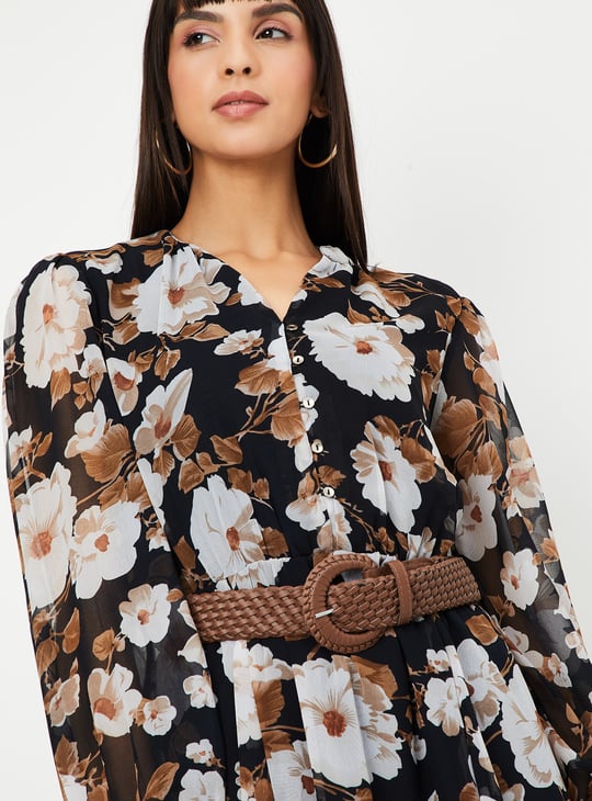 Women Floral Print Midi Dress with Belt