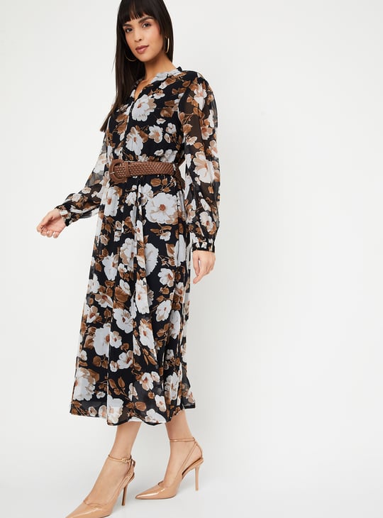 Women Floral Print Midi Dress with Belt