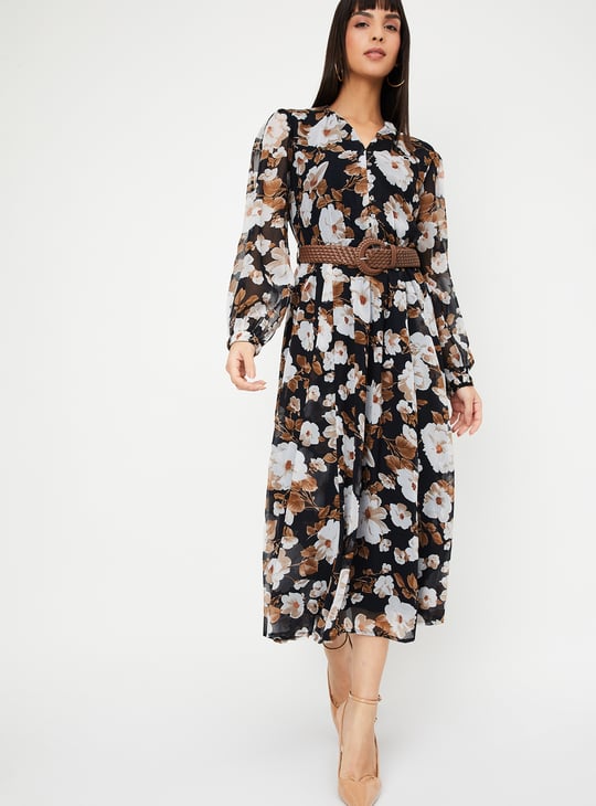 Women Floral Print Midi Dress with Belt