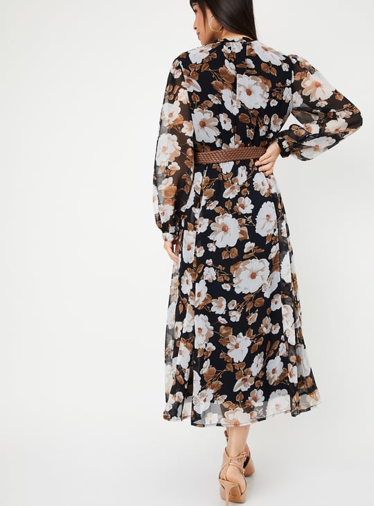Women Floral Print Midi Dress with Belt