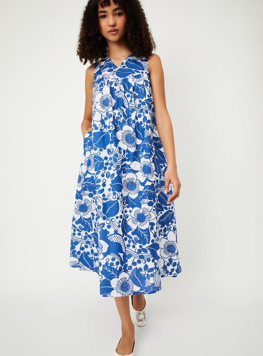 Women Floral Print A-line Midi Dress