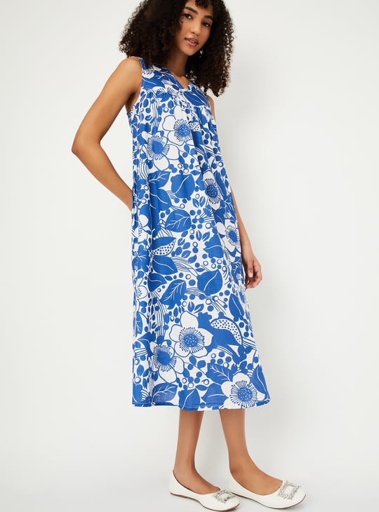 Women Floral Print A-line Midi Dress