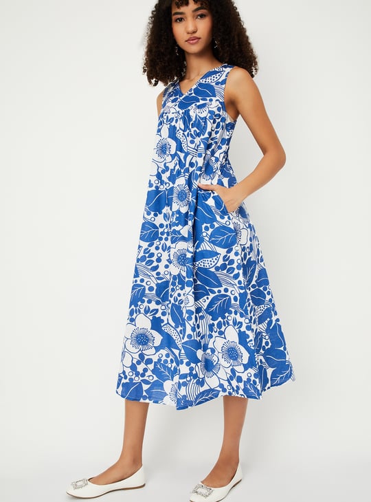 Women Floral Print A-line Midi Dress