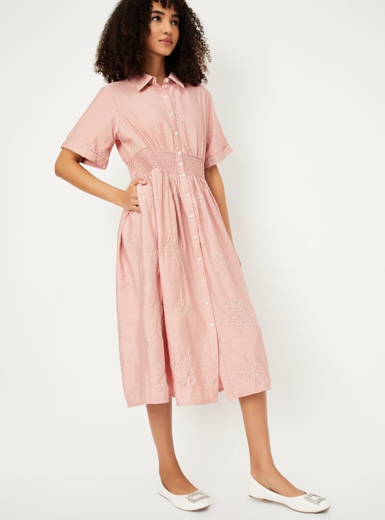 Women Solid Smocked Midi Dress