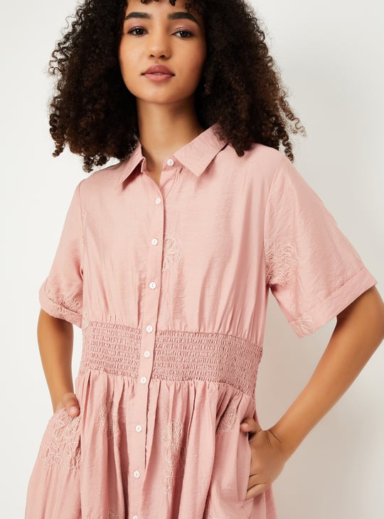 Women Solid Smocked Midi Dress