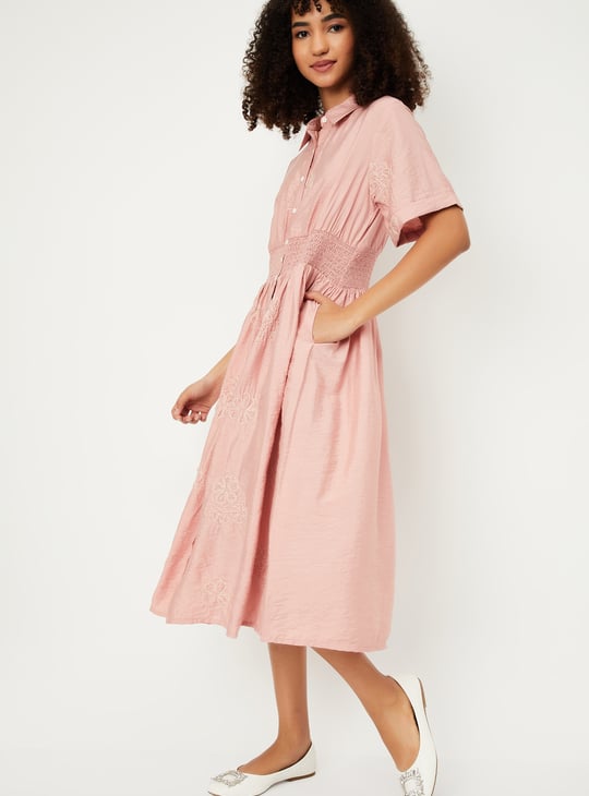 Women Solid Smocked Midi Dress