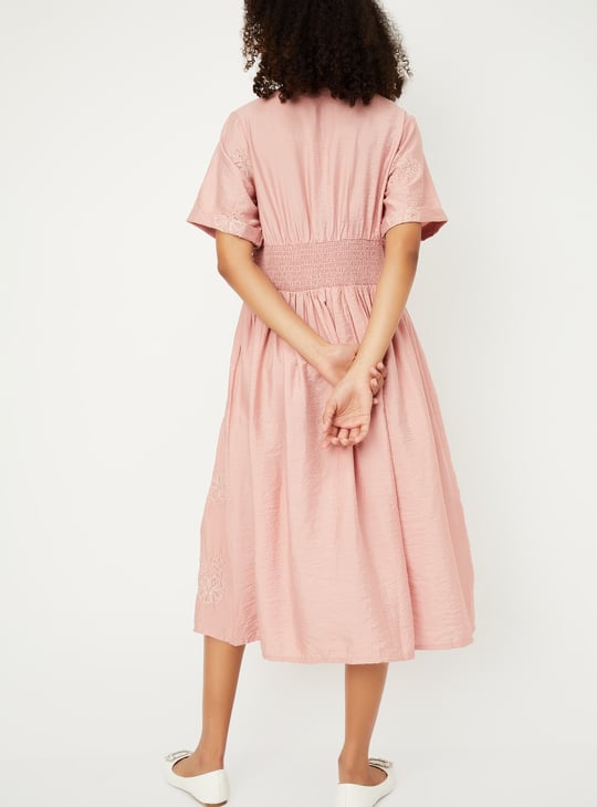 Women Solid Smocked Midi Dress