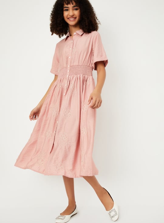 Women Solid Smocked Midi Dress