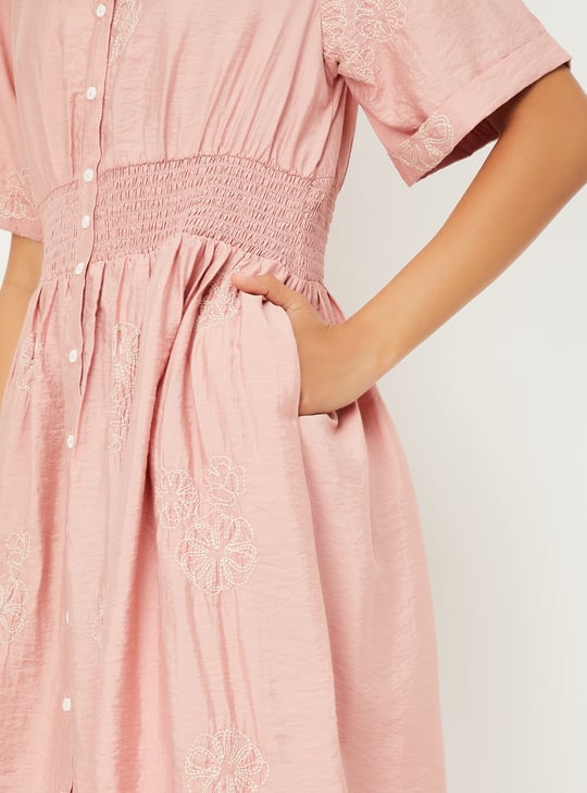 Women Solid Smocked Midi Dress