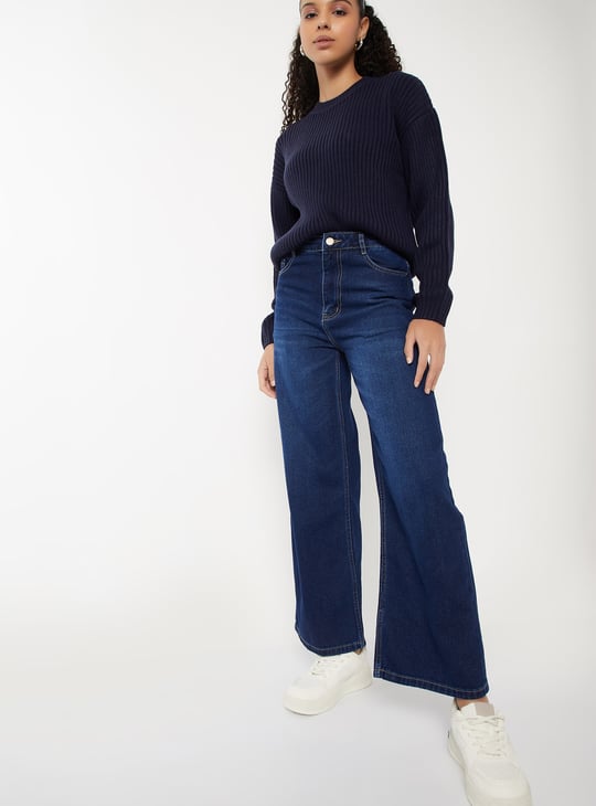Women Washed High Rise Wide Leg Jeans