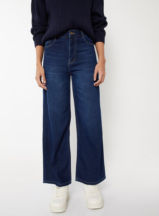 Women Washed High Rise Wide Leg Jeans