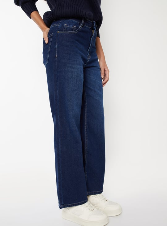 Women Washed High Rise Wide Leg Jeans