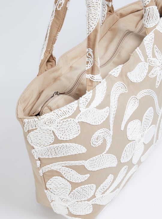 Women Embroidered Tote Bag Beige Cotton