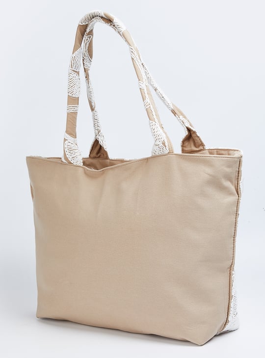 Women Embroidered Tote Bag Beige Cotton