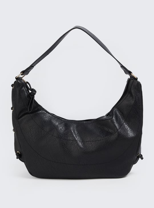Women Textured Shoulder Bag with Side Ties | Black | PU