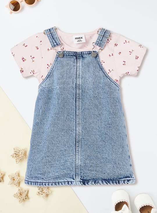 Girls Washed Denim Pinafore Dress with T-shirt