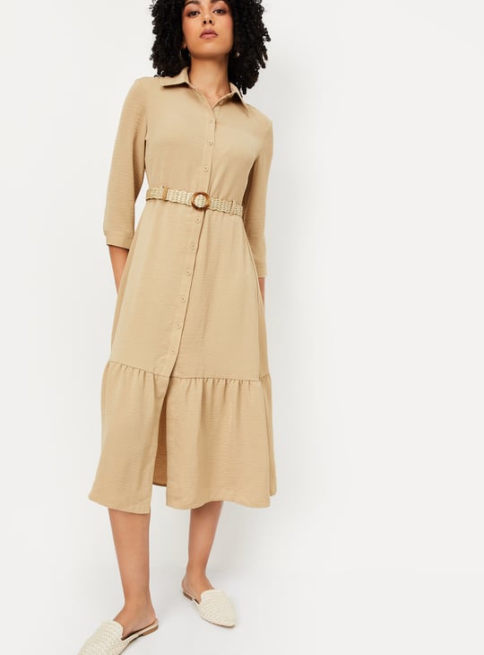 Women Textured Midi Shirt Dress