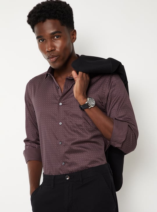Men Printed Satin Finish Slim Fit Formal Shirt Maroon Printed