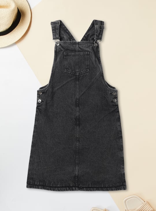 Girls Denim Pinafore Dress with T-shirt Black Solid