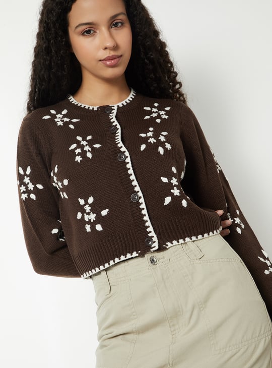 Women Floral Embroidered Cropped Cardigan