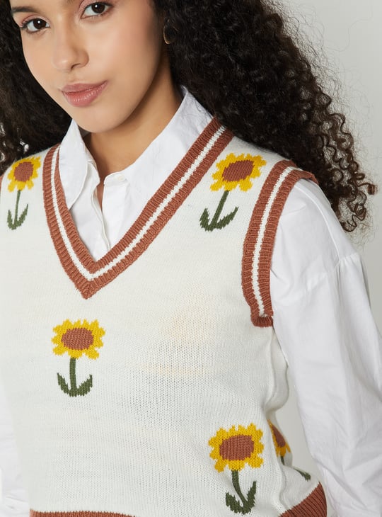Women Floral Knit Sweater Vest