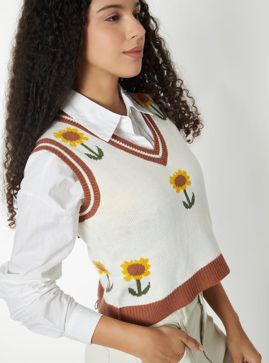 Women Floral Knit Sweater Vest