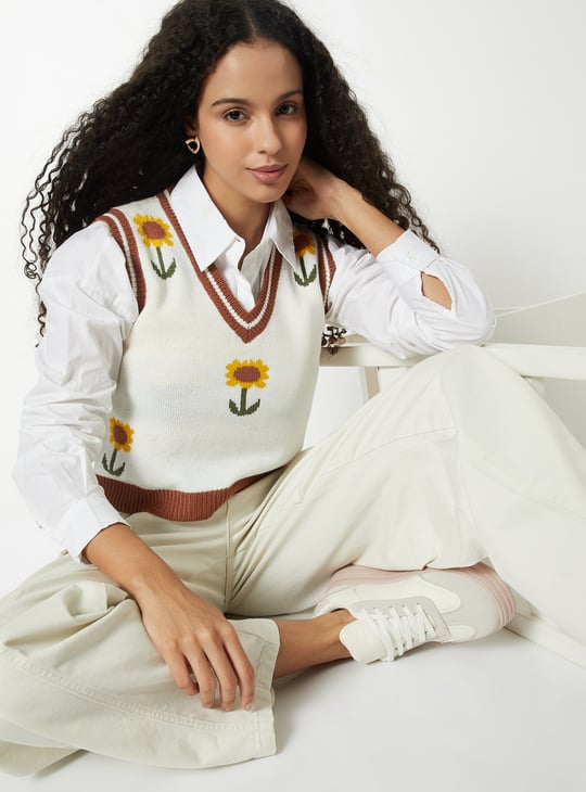 Women Floral Knit Sweater Vest