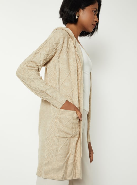 Women Knit Hooded Longline Cardigan
